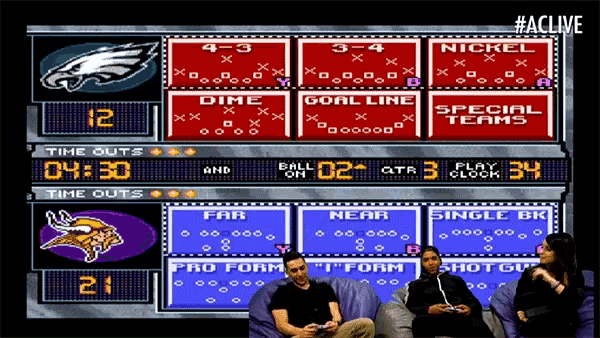 a video game screen shows the eagles and vikings playing a game