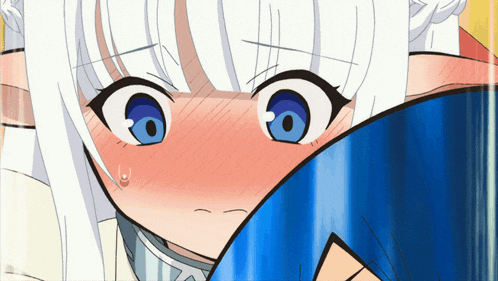 a girl with white hair and blue eyes covering her face