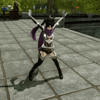 a video game character with purple hair and a scarf on her head