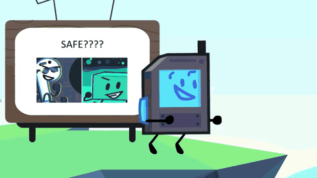 a cartoon character is standing in front of a tv screen that says safe