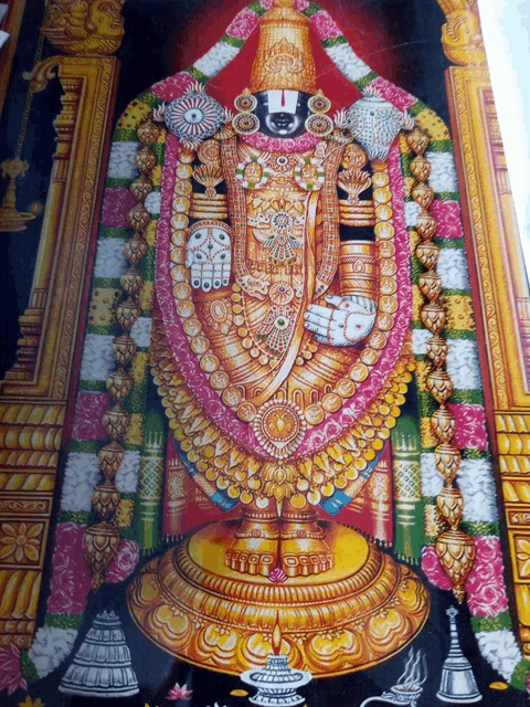 a painting of a deity with a sword and lots of gold