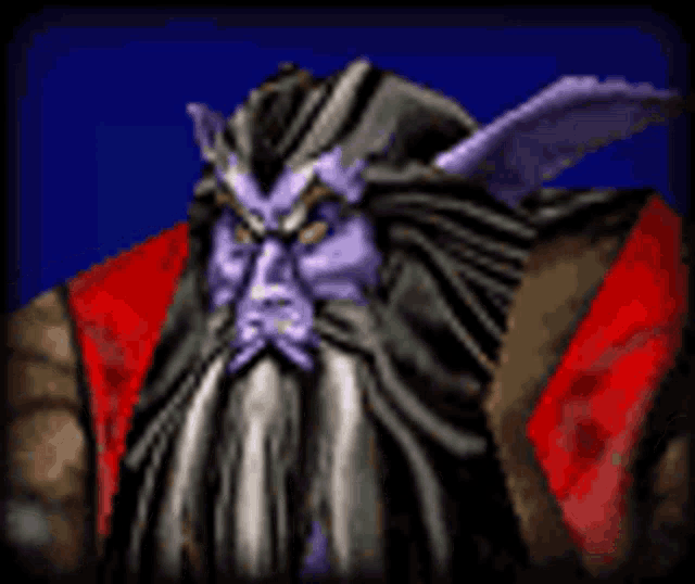 a pixel art illustration of a man with a beard and a purple face .