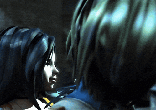 a man and a woman looking at each other in a video game
