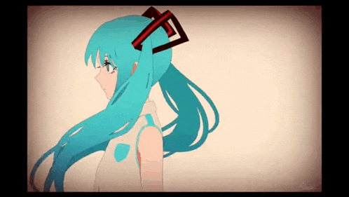 a drawing of a girl with blue hair and a red bow in her hair