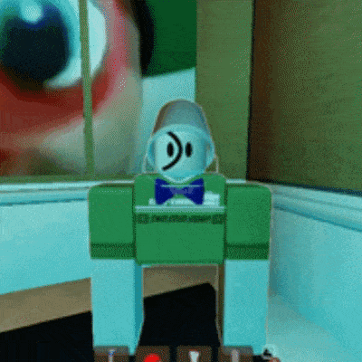 a cartoon character with a smiley face and a bow tie is standing in front of a window .