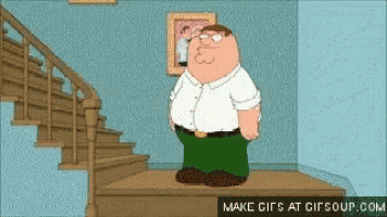 peter griffin from family guy is standing on a staircase .