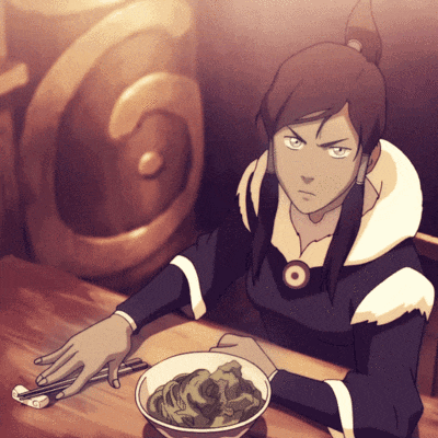 a cartoon character is sitting at a table with a bowl of food and chopsticks