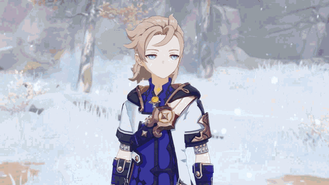 a character from a video game is standing in a snowy area