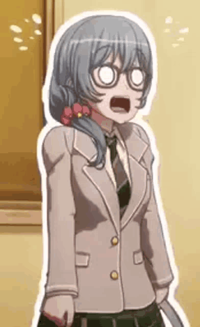 a girl in a school uniform and tie is standing in front of a window with her mouth open .