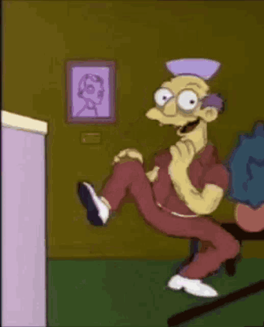 a cartoon character from the simpsons is dancing in a living room with a lamp in the background .