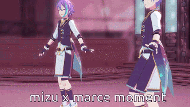 a couple of anime characters standing next to each other with the words " mizu x marce moment " on the bottom