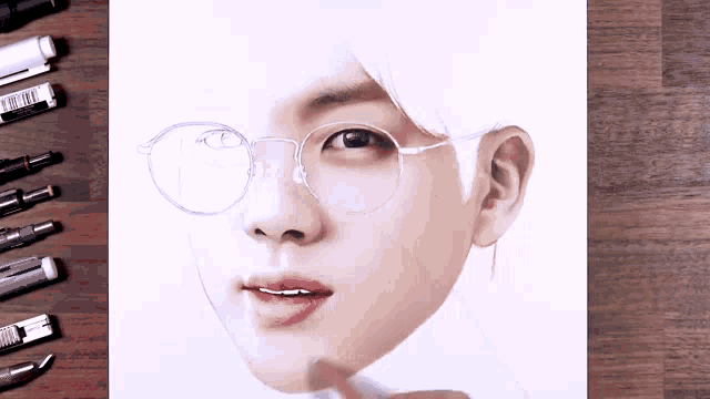 a drawing of a person 's face with glasses on