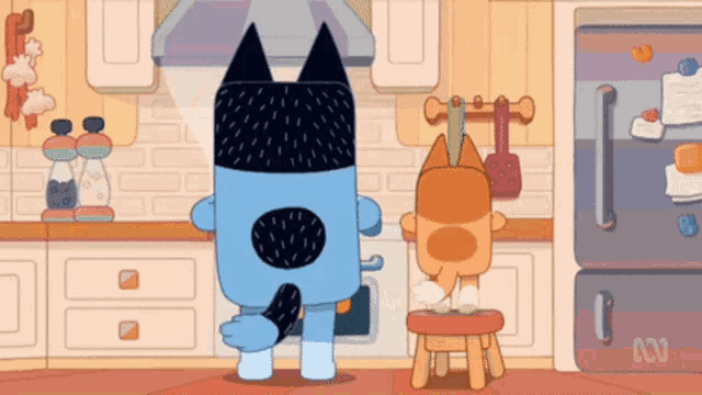 two cartoon characters are standing in a kitchen with a refrigerator that says aou on it