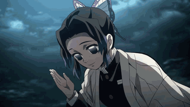 a cartoon character with purple hair and a butterfly earring