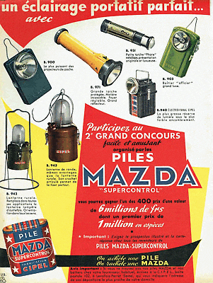 an advertisement for mazda supercontrol batteries with various types of flashlights
