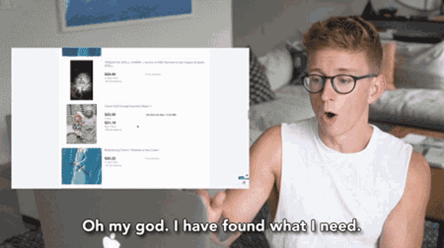 a man with glasses says oh my god i have found what i need in front of a computer screen