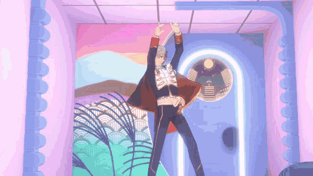 a man with red hair is standing in a room with his arms outstretched