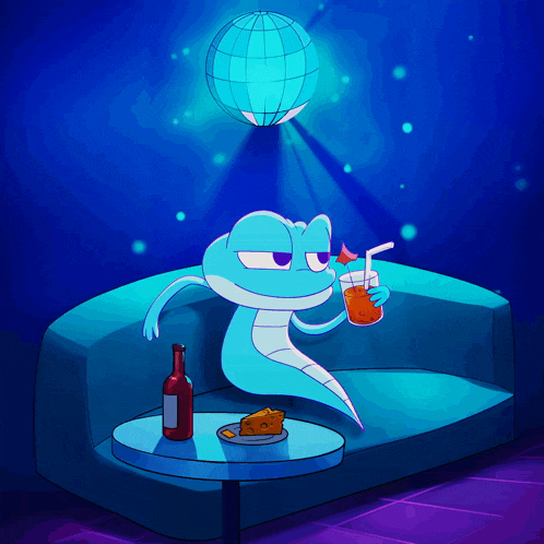 a cartoon of a ghost sitting on a couch drinking a drink