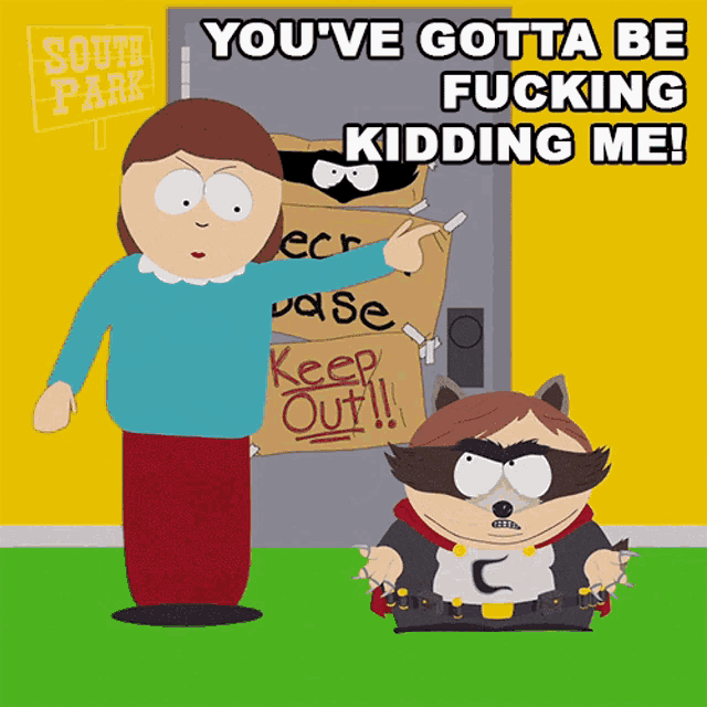 a cartoon from south park shows a woman pointing at a raccoon