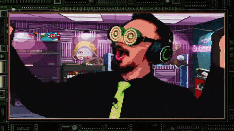 a pixel art of a man wearing goggles and headphones with a purple background