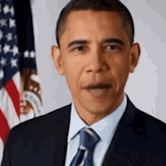 barack obama is wearing a suit and tie and is standing in front of an american flag .