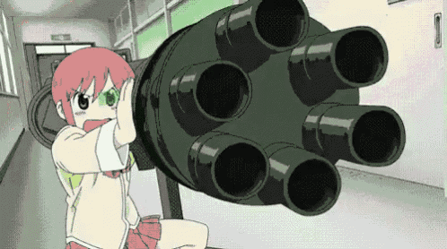 a cartoon girl is sitting in front of a machine gun in a hallway .