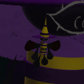 a cartoon character wearing a purple and yellow hat with the letter c on it