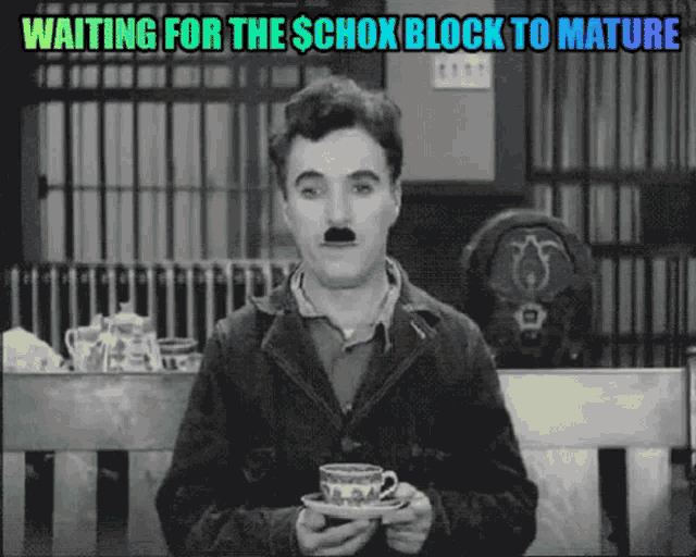 a man with a mustache is holding a cup and saucer and waiting for the schox block to mature