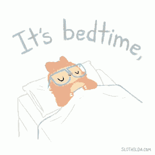 a cartoon of a sloth wearing glasses and a pink bow is laying in bed .