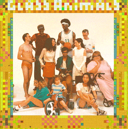 a group of people are posing for a picture with the words glass animals on the top