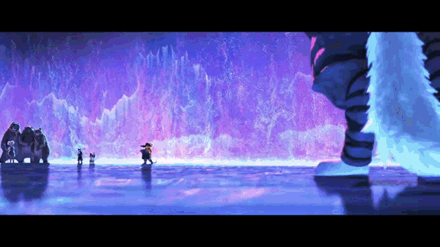 a group of people standing on a ice surface with a purple sky behind them