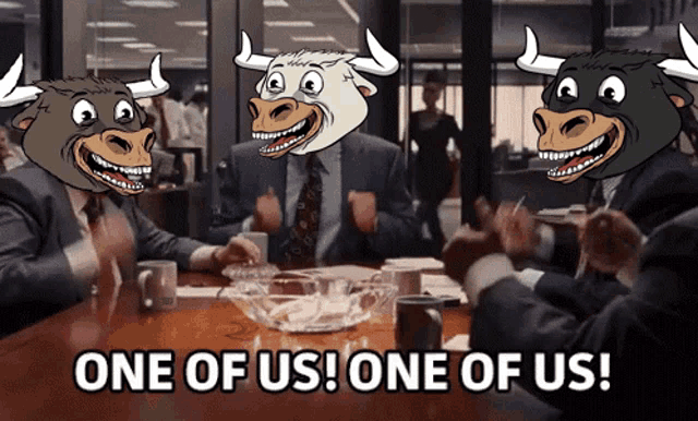 a group of men are sitting around a table with cartoon bulls on their faces and the words one of us one of us
