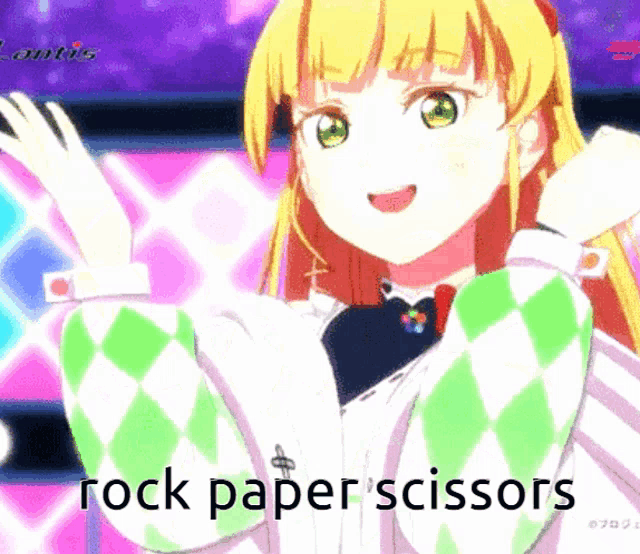 a girl in a green and white checkered shirt with the words rock paper scissors written below her