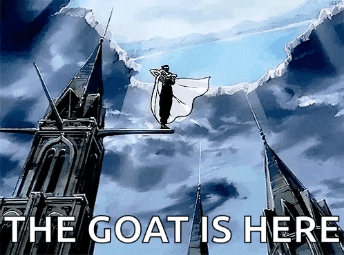 a drawing of a man flying through the air with the words the goat is here below him