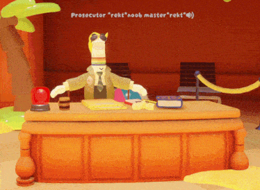 a cartoon character sits at a desk with the words prosecutor rekt noob master rekt