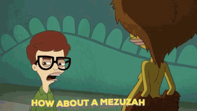 a cartoon of a boy holding a yellow object with the words " how about a mezuzah " above him