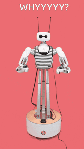 a robot with a red background and the words " whyyyy " on top