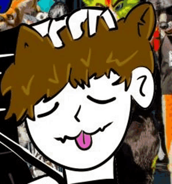 a cartoon of a person with a cat ear on their head sticking their tongue out .