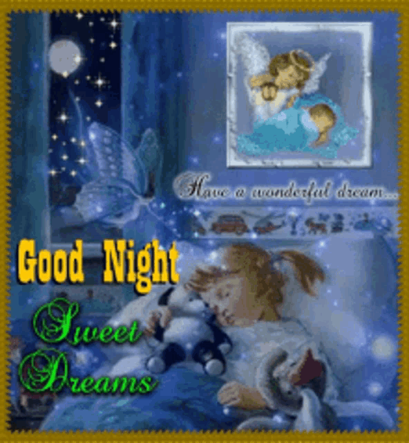 a good night sweet dreams card with a little girl sleeping in a bed