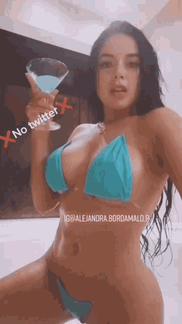 a woman in a bikini is holding a martini and says " no twitter " on the bottom