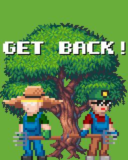 a pixel art illustration of two men standing in front of a tree with the words get back written above them