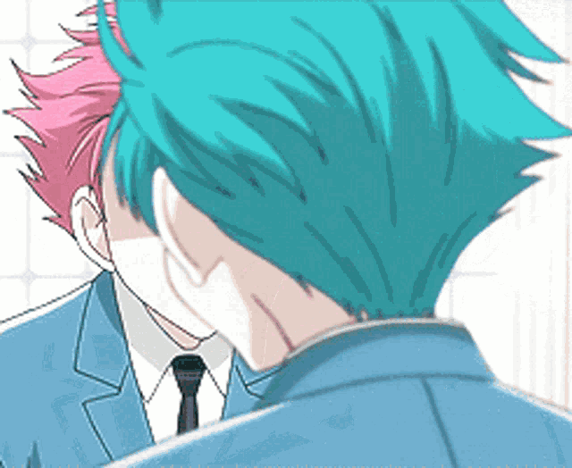 a man with blue hair and pink hair is wearing a blue jacket and tie