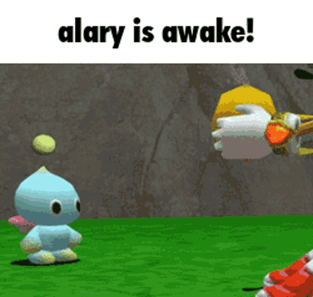 a cartoon character with the words " alary is awake " on top of it
