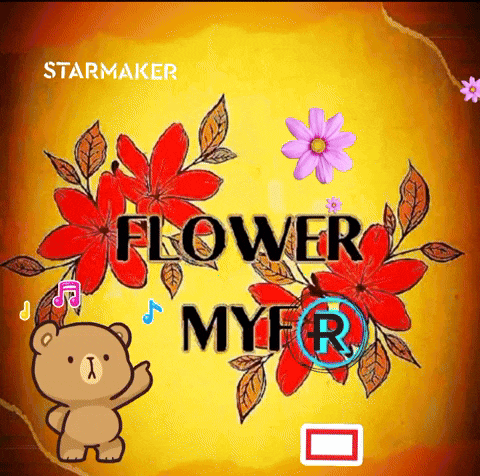 a teddy bear is standing in front of a yellow background with the words flower myr