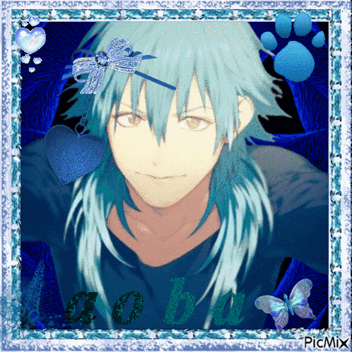 a picture of a boy with blue hair and the word picmix on the bottom right