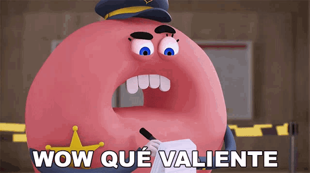 a cartoon donut is wearing a sheriff 's hat and writing on a piece of paper with the words wow que valiente below him
