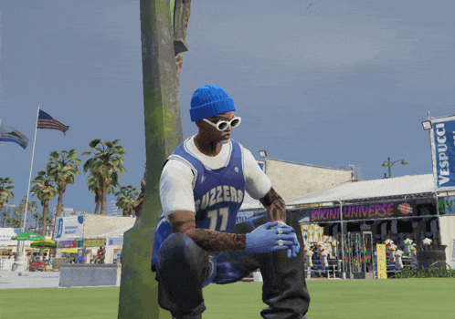 a man wearing a jersey that says buzzers sits in front of a bikini universe sign