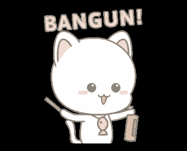a cartoon cat is holding a stick and a bottle and says bangun