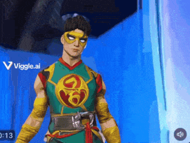 a man in a superhero costume is standing in front of a blue wall with the words viggle.ai on the bottom