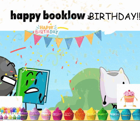 a happy booklow birthday poster with cupcakes and flags